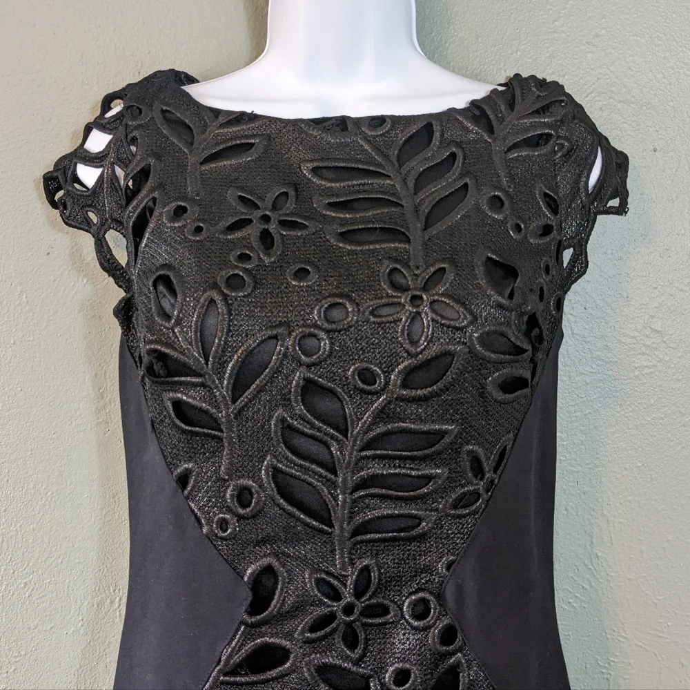 Eva Franco Black Jamila Cap Sleeve Cut Out Floral Lace Midi Dress Size 4 - Picture 2 of 10